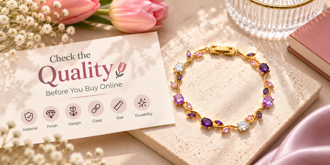 Gold tulip bracelet styled on a textured stone surface with soft floral accents, illustrating how to check bracelet quality before buying online.