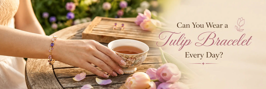 Woman wearing a tulip bracelet every day with casual outfit in natural sunlight