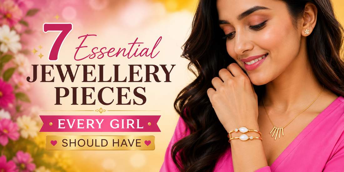 Modern Indian woman wearing an anti tarnish bracelet and necklace, showcasing essential jewellery pieces every girl should own.