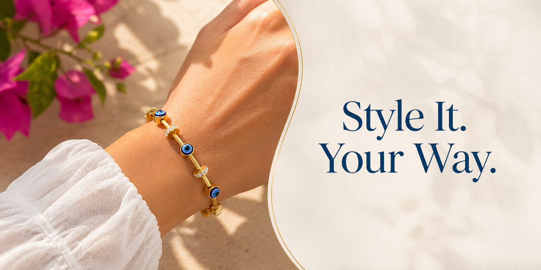 Gold evil eye bracelet styled with a fashionable everyday outfit
