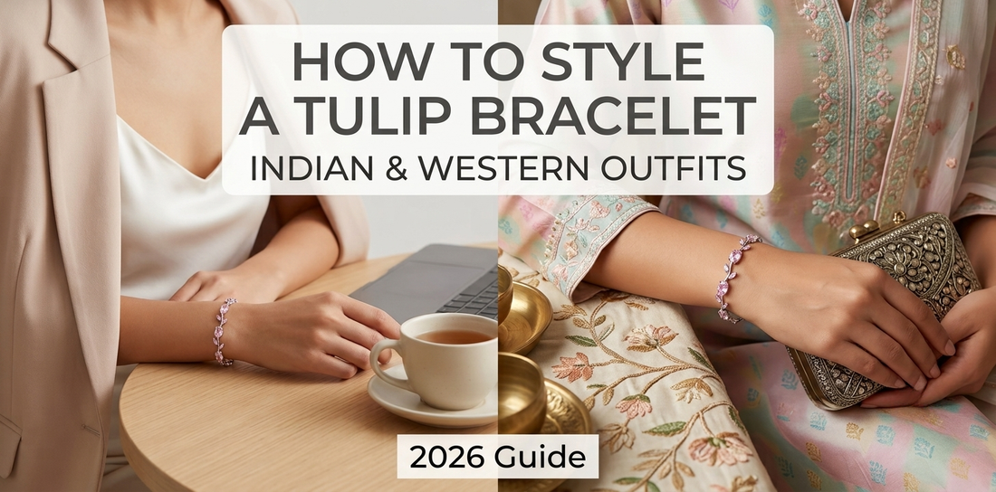 Woman styling an anti tarnish Tulip Bracelet with an office wear and ethnic wear.