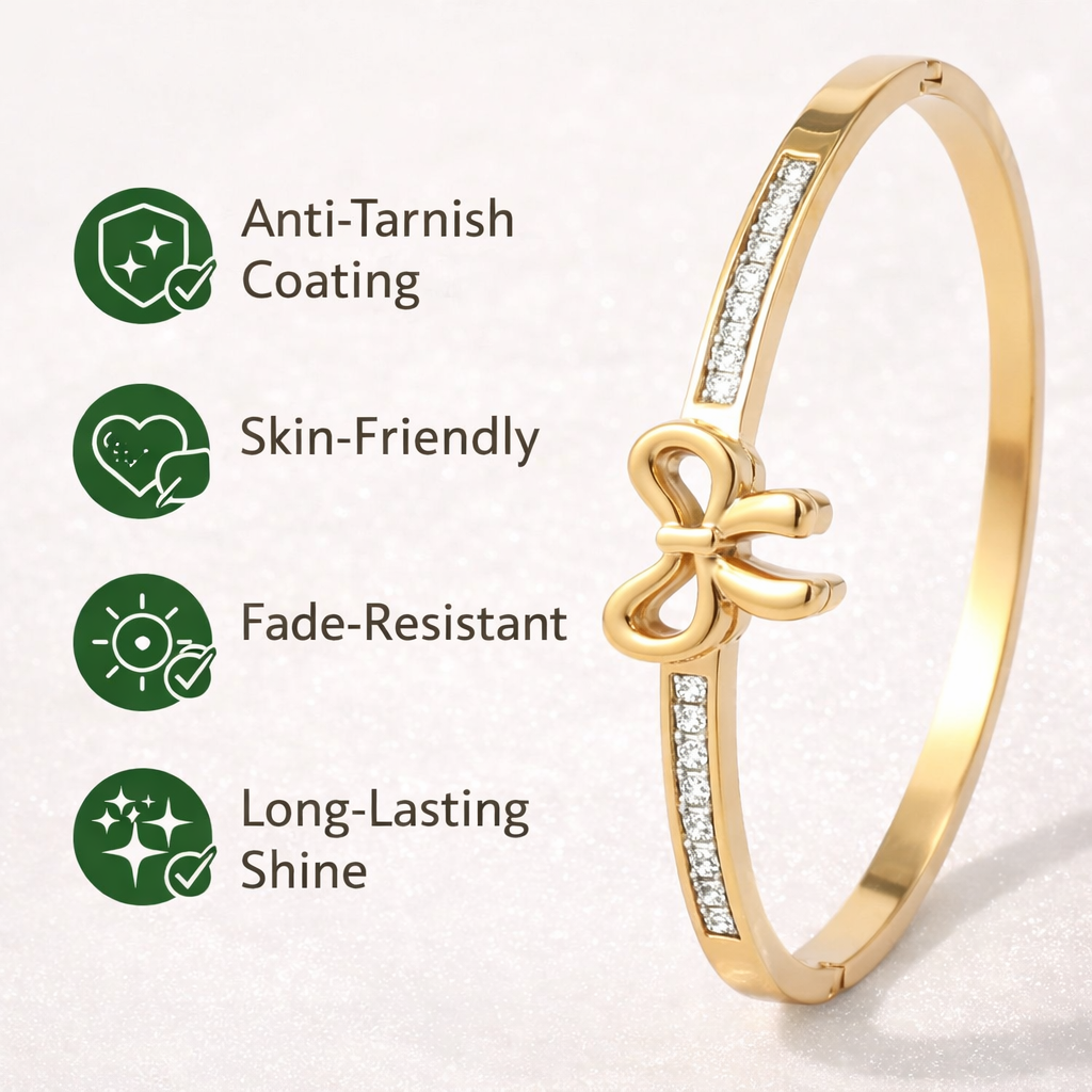 Anti-tarnish bow bracelet highlighting long-lasting shine and daily wear features