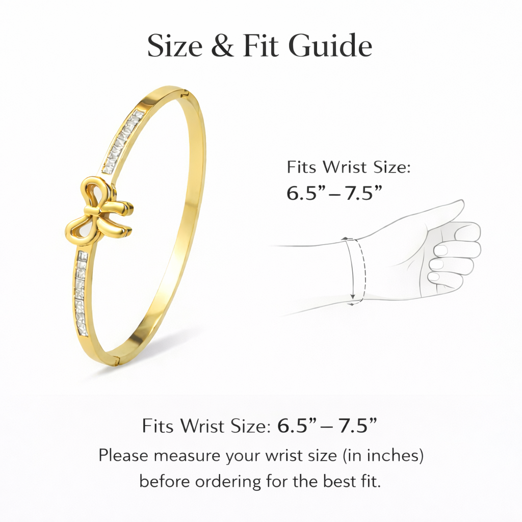 Bow bracelet size guide showing wrist fit and measurement reference