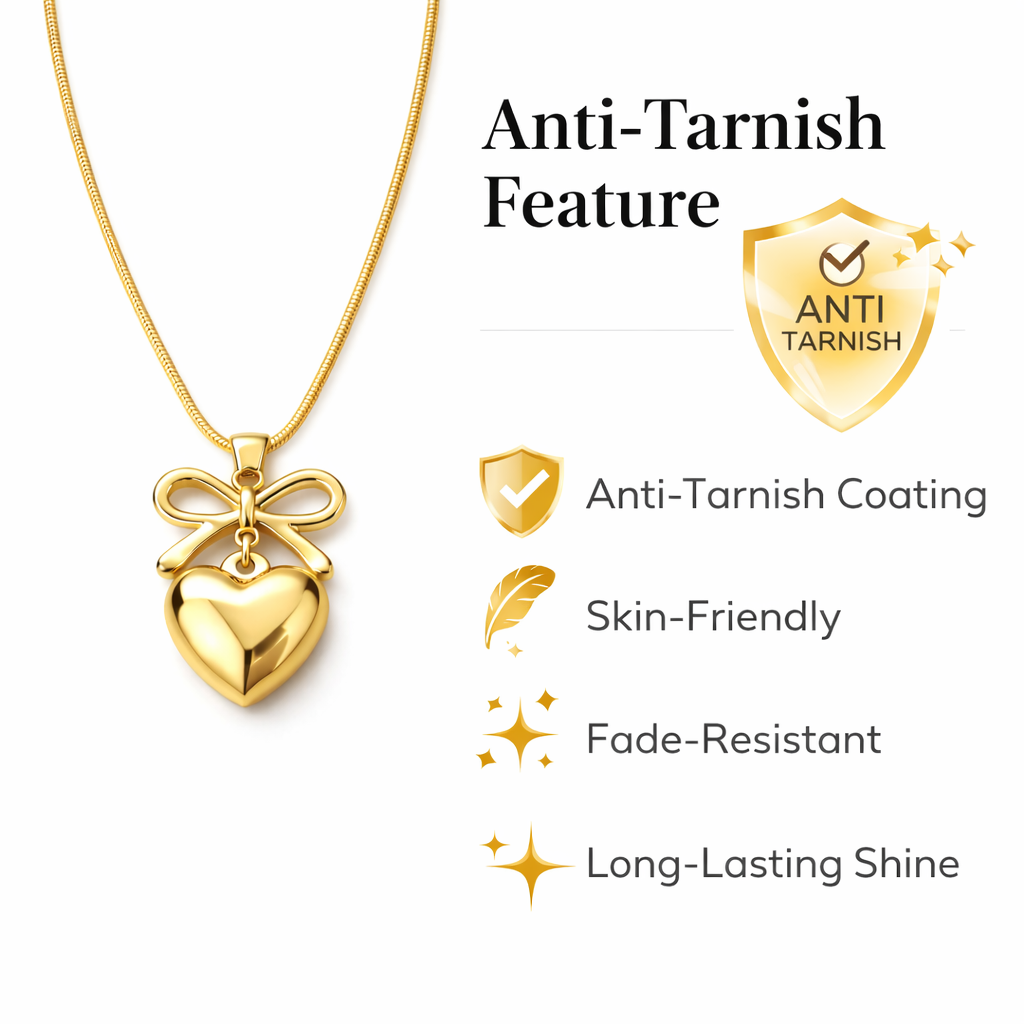 Anti tarnish gold plated bow heart pendant necklace