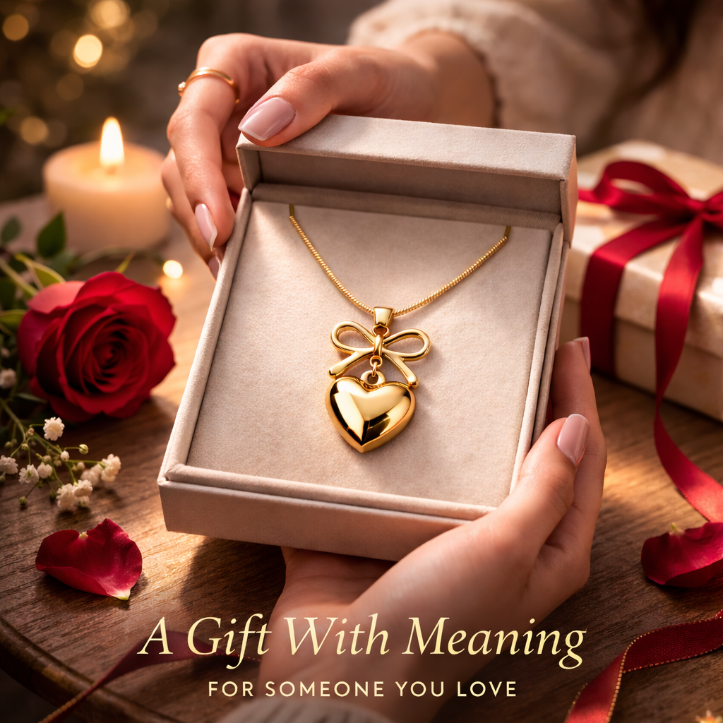 Gold bow heart pendant necklace gift idea for women