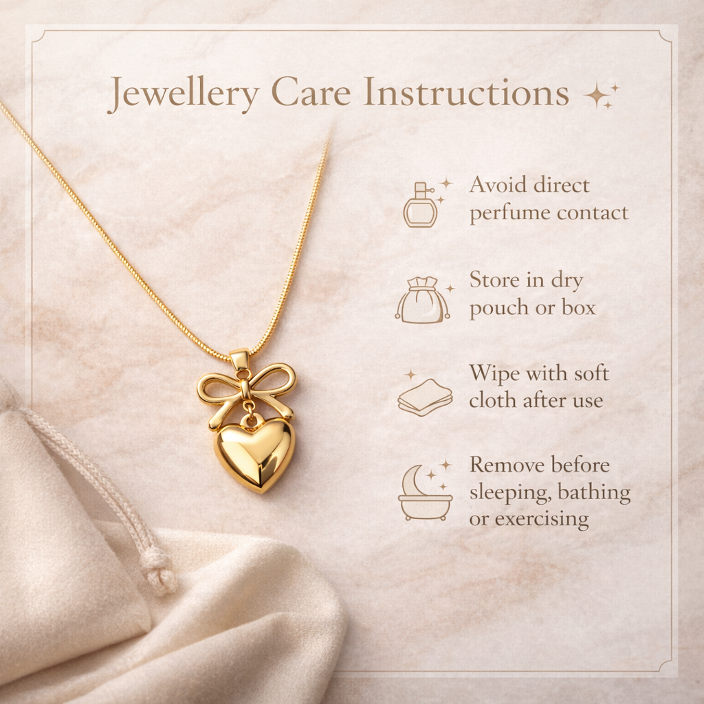 Jewellery care instructions for gold plated bow heart necklace