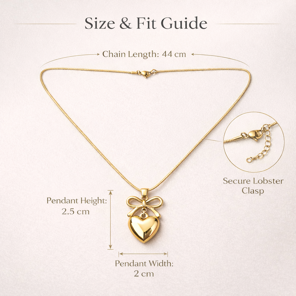 Size guide showing bow heart pendant necklace dimensions and chain length