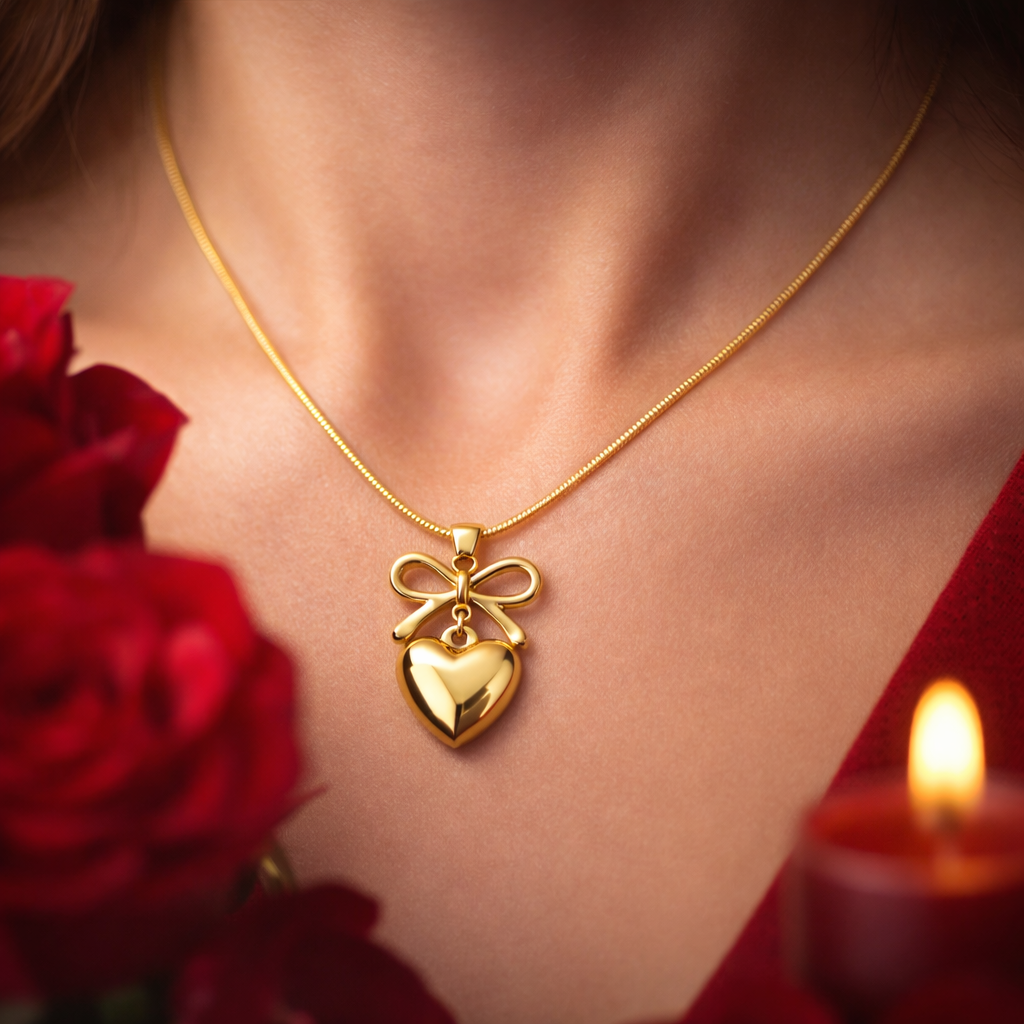 Woman wearing gold bow heart pendant necklace for everyday styling