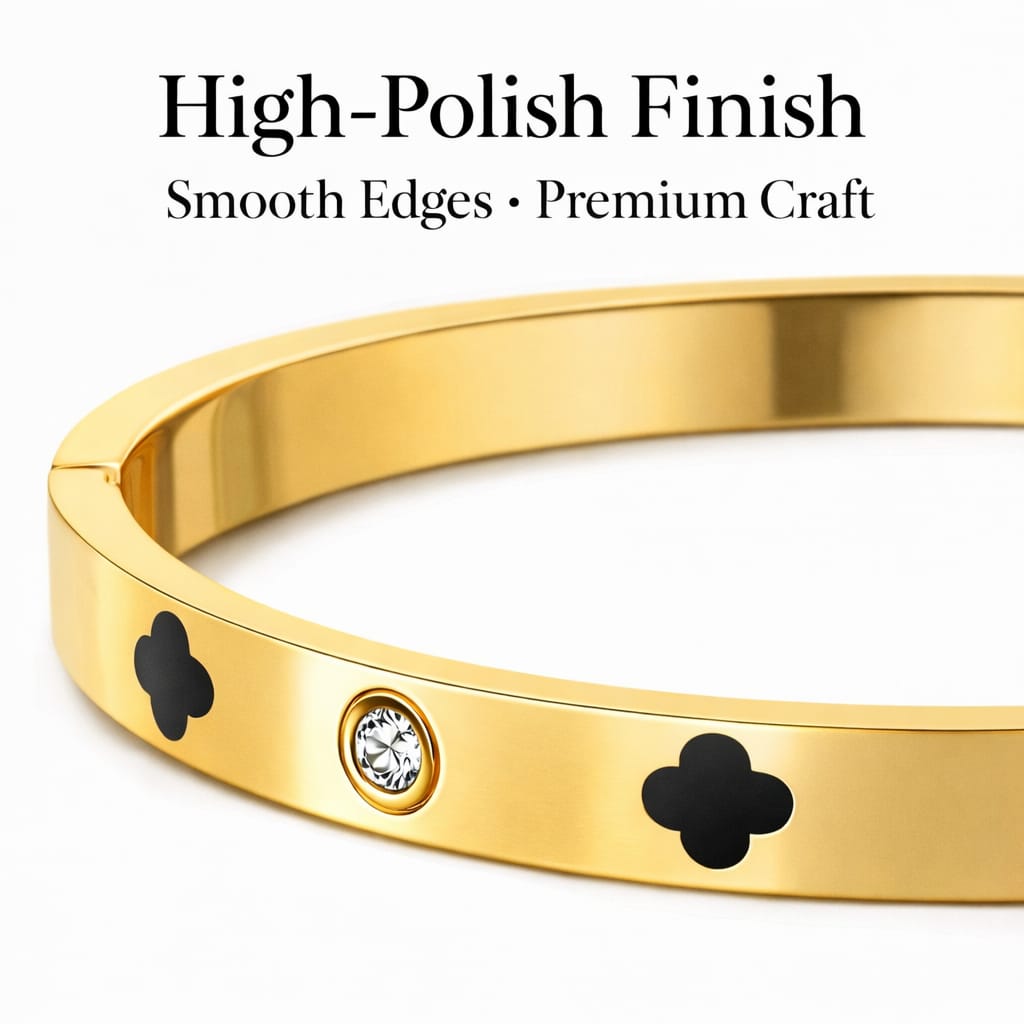 Detailed view of clover pattern bracelet showing embedded stones and smooth finish