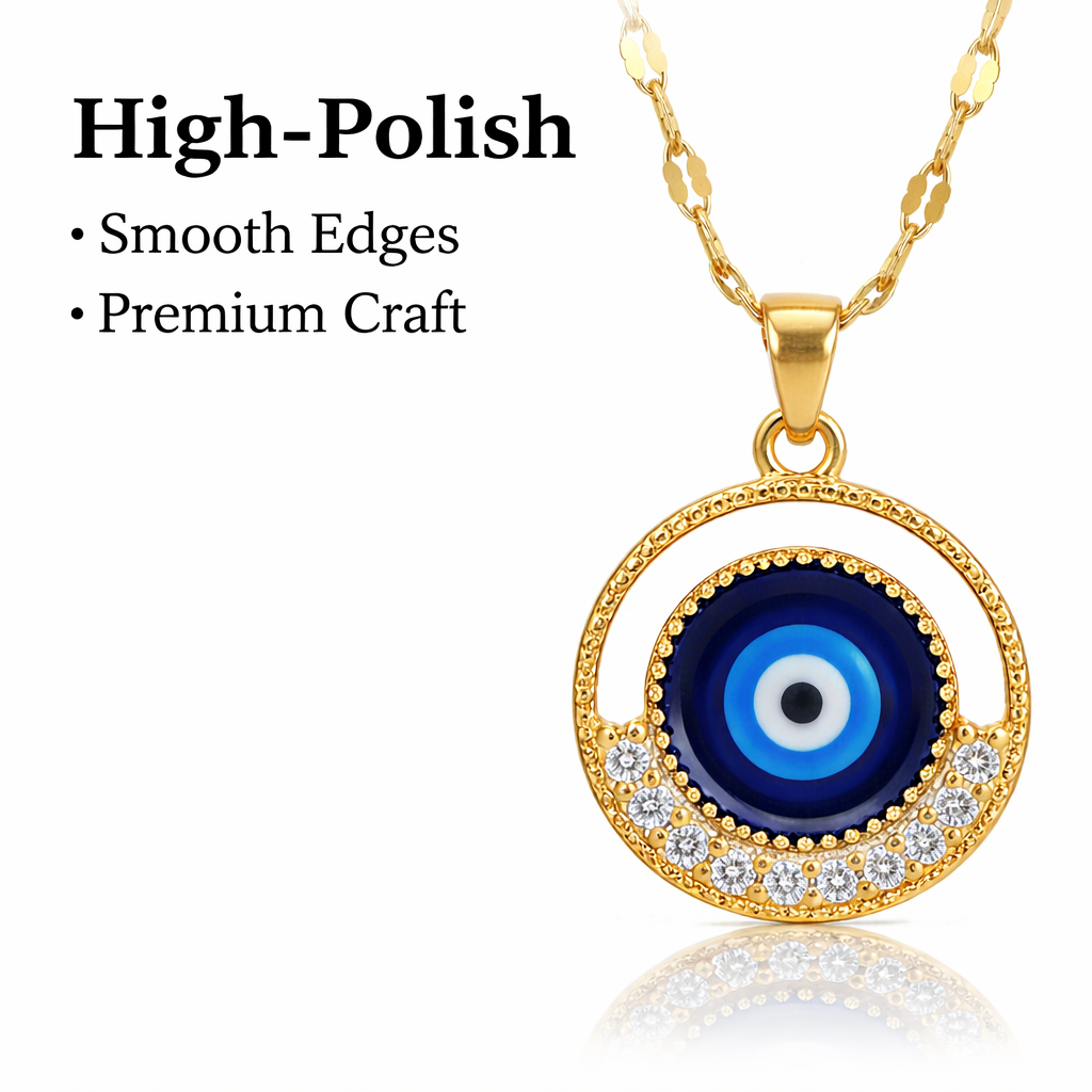 Close-up of anti-tarnish evil eye necklace showing finish