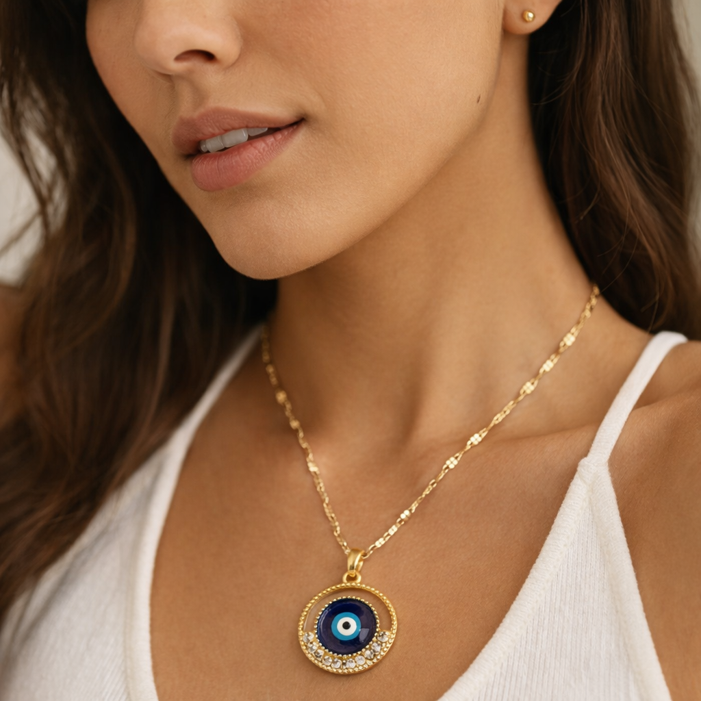 Lifestyle image of evil eye necklace for everyday wear