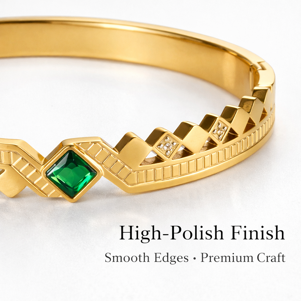 Close-up of anti-tarnish geometric emerald look bracelet showing finish