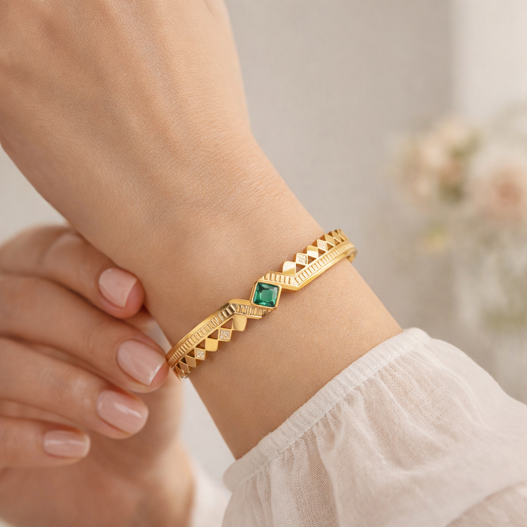 Lifestyle image of geometric emerald look bracelet styled for everyday wear