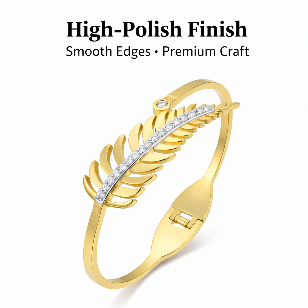 Close-up of anti-tarnish leaf-design bracelet showing finish