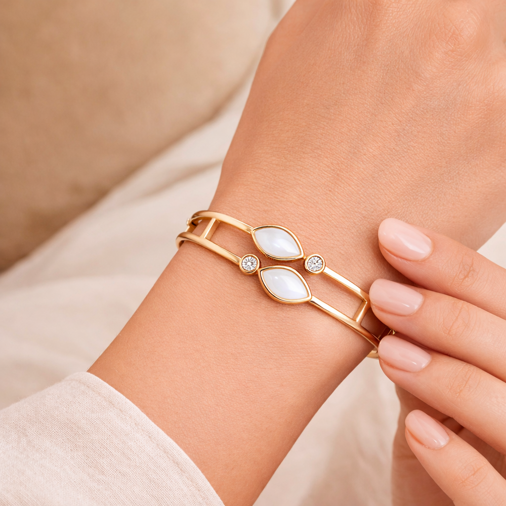 Lifestyle image of marquise stone bracelet styled for everyday wear