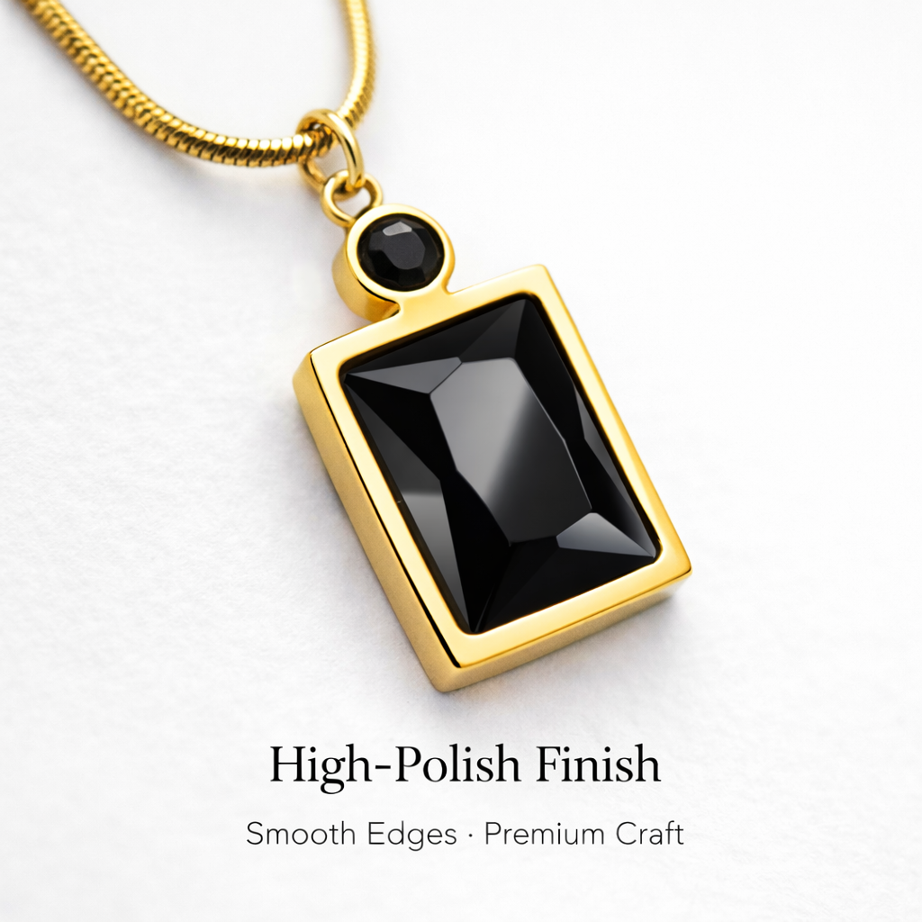 Close-up of anti-tarnish minimal black stone necklace showing finish