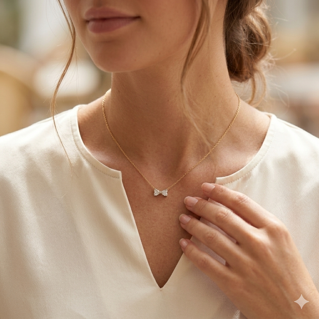 Lifestyle image of minimal bow pendant necklace styled for everyday wear