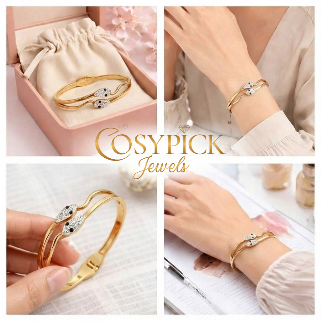 Lifestyle image of snake bracelet styled for everyday wear