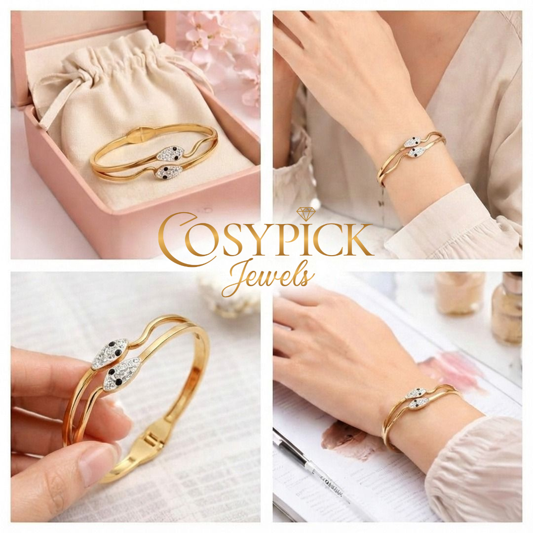 Lifestyle image of snake bracelet styled for everyday wear