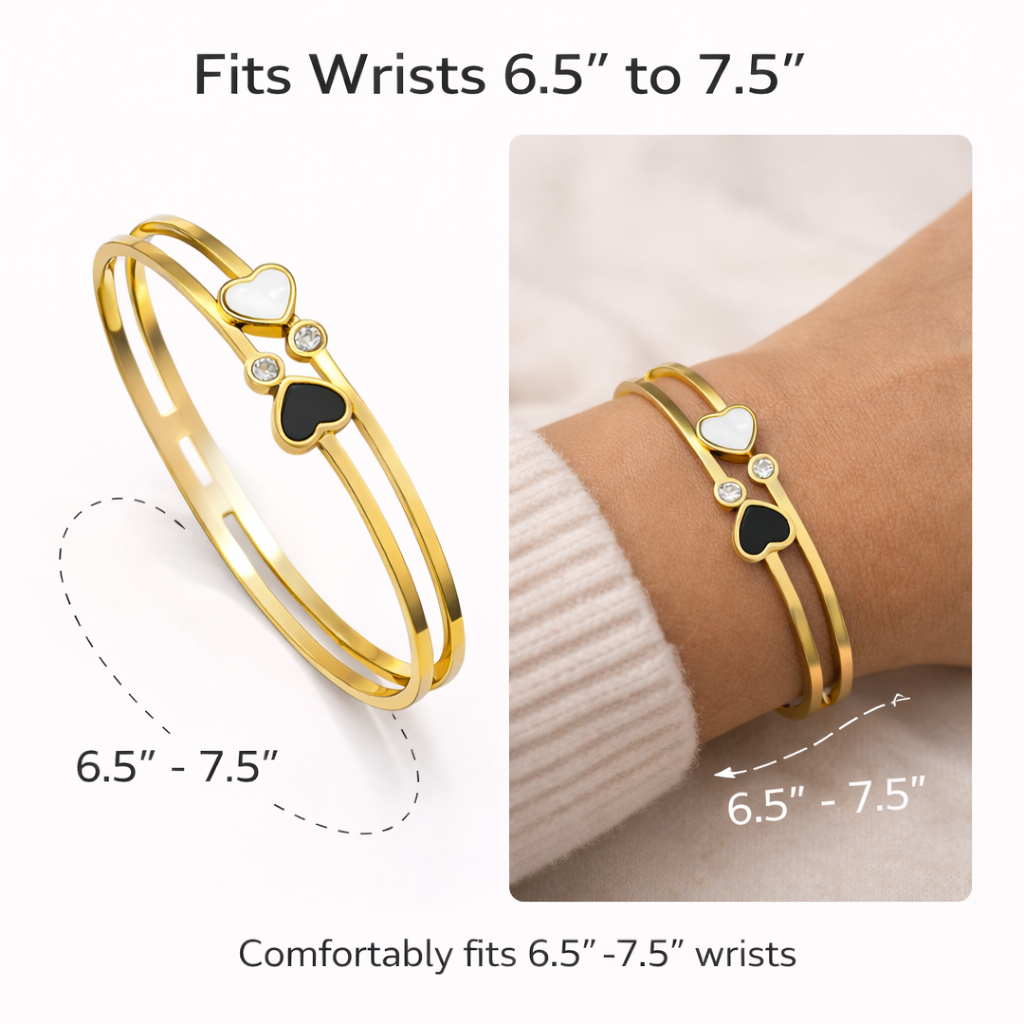 Dual heart bracelet size guide showing wrist fit and measurement