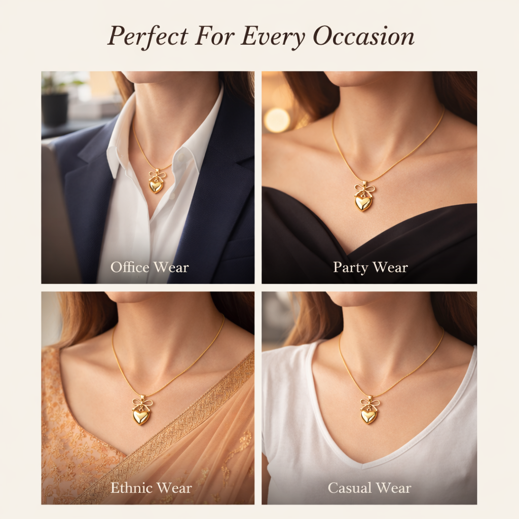 everyday wear image of bow heart necklace for women and girls
