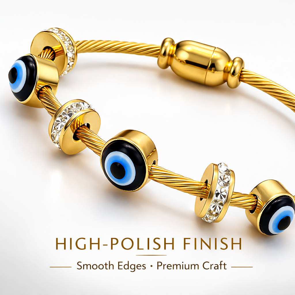 Close up of evil eye charm bracelet design