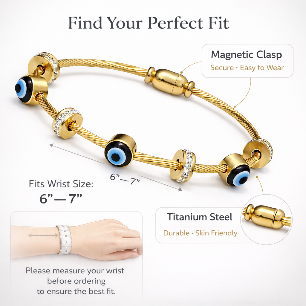 Size guide for evil eye charm gold bracelet