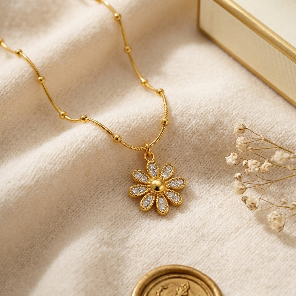 Anti Tarnish Flower Pendant Necklace with Beaded Chain for Women