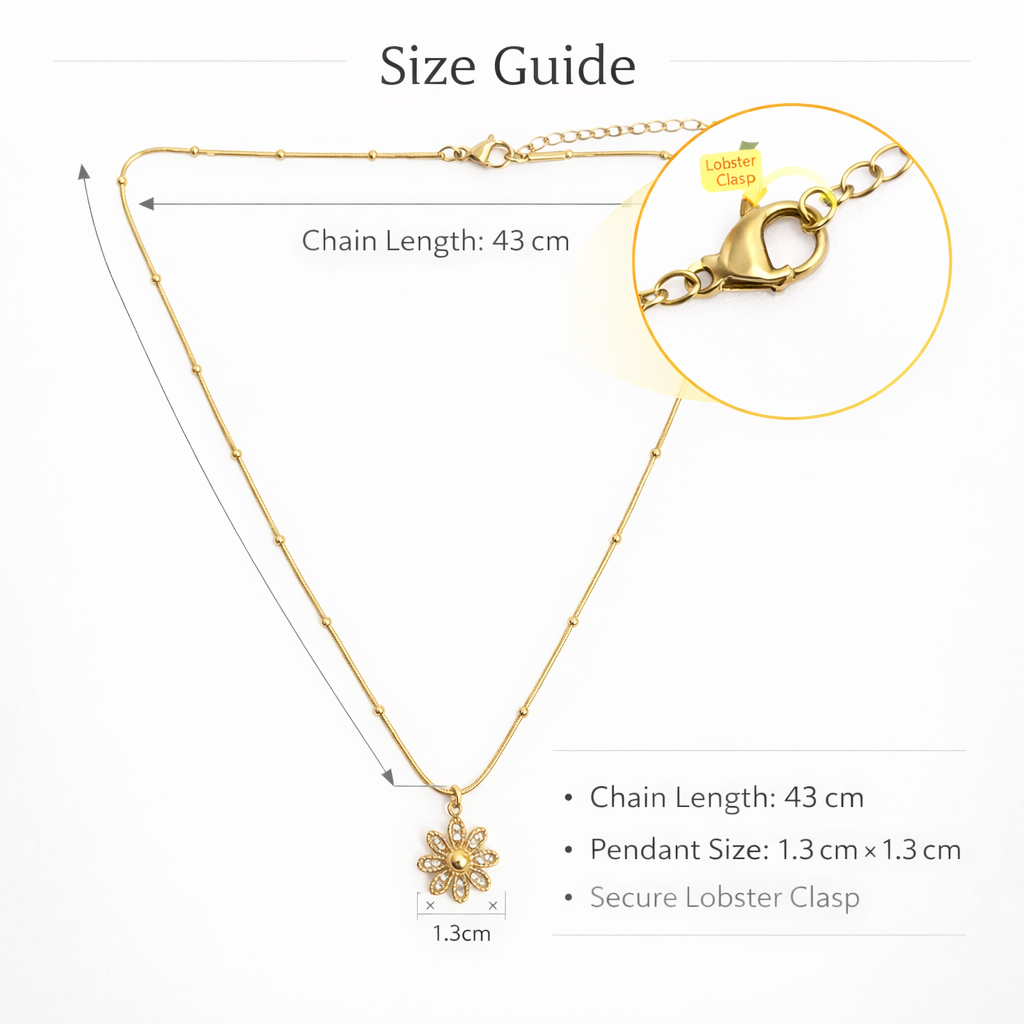 Necklace length reference showing how the pendant sits on neckline