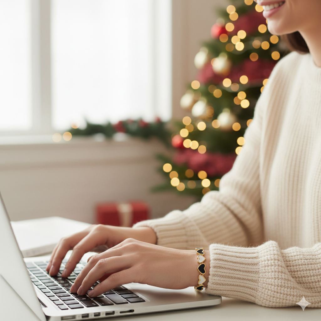 Woman wearing gold heart bracelet styled for everyday look