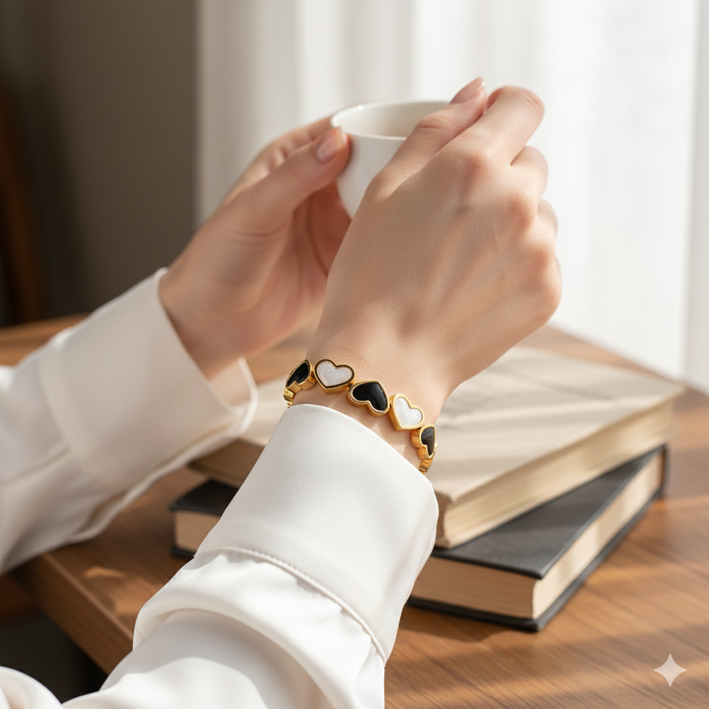 Woman wearing anti-tarnish gold heart bracelet for everyday styling