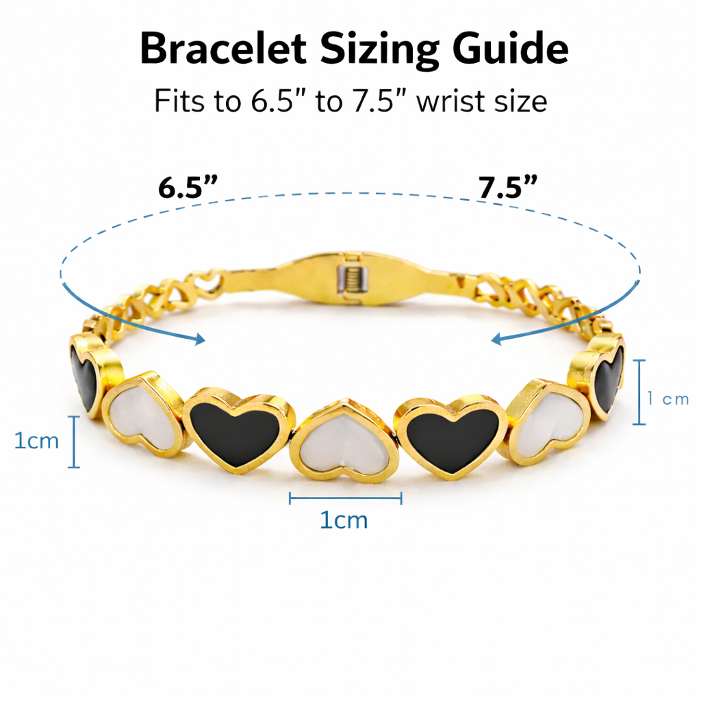 Heart bracelet size guide showing wrist fit and measurement reference