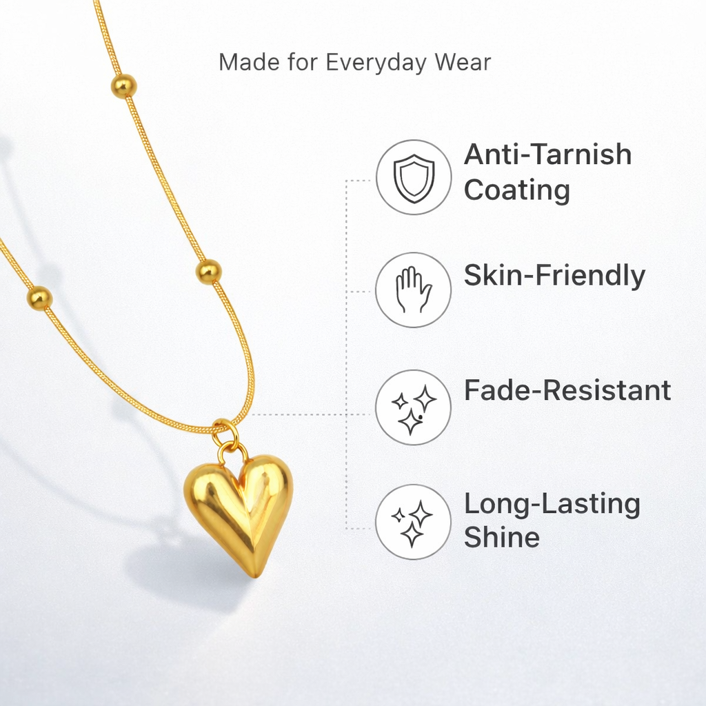 Anti tarnish gold plated heart pendant necklace designed for long lasting shine by Cosypick