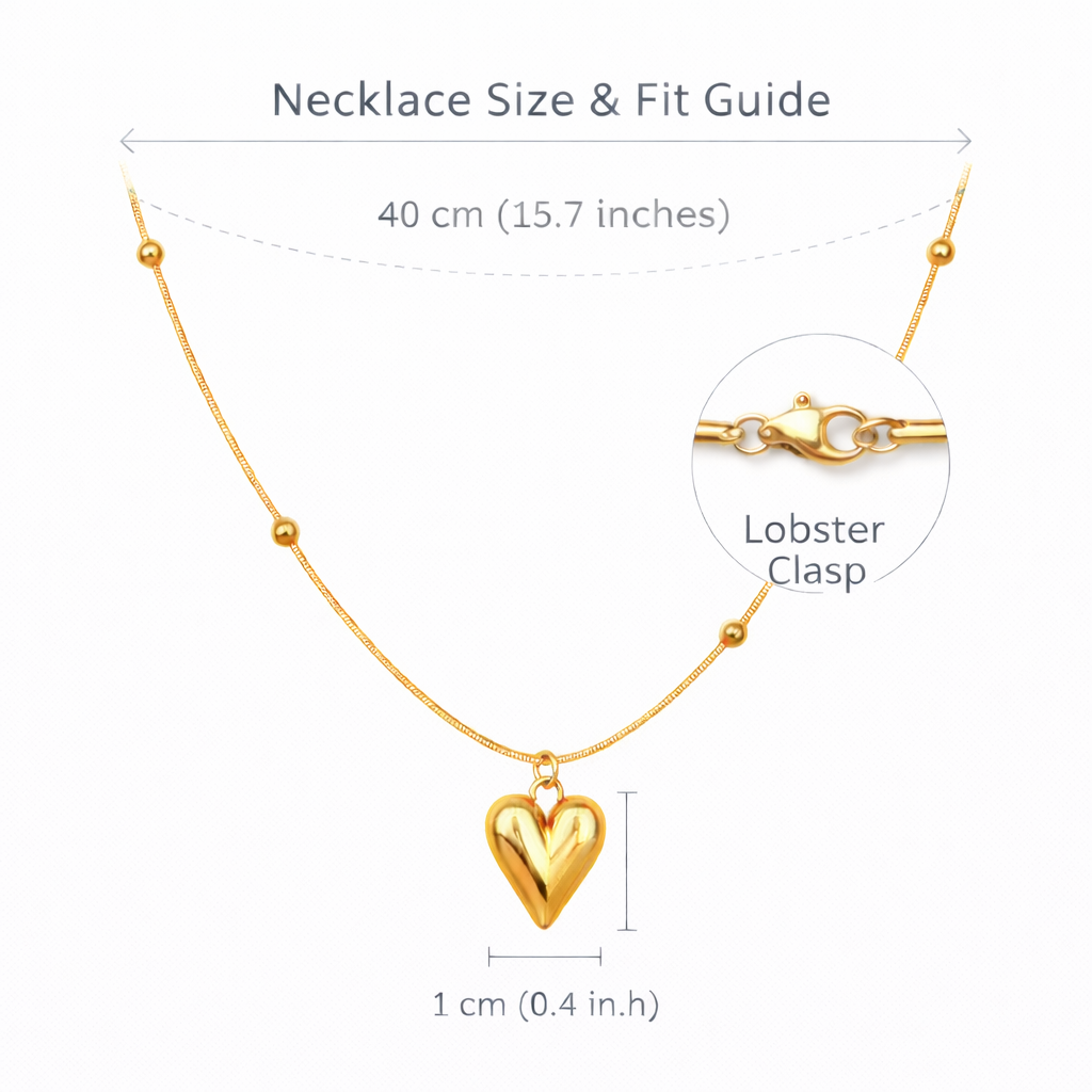 Size guide showing pendant dimensions and chain length of heart necklace by Cosypick