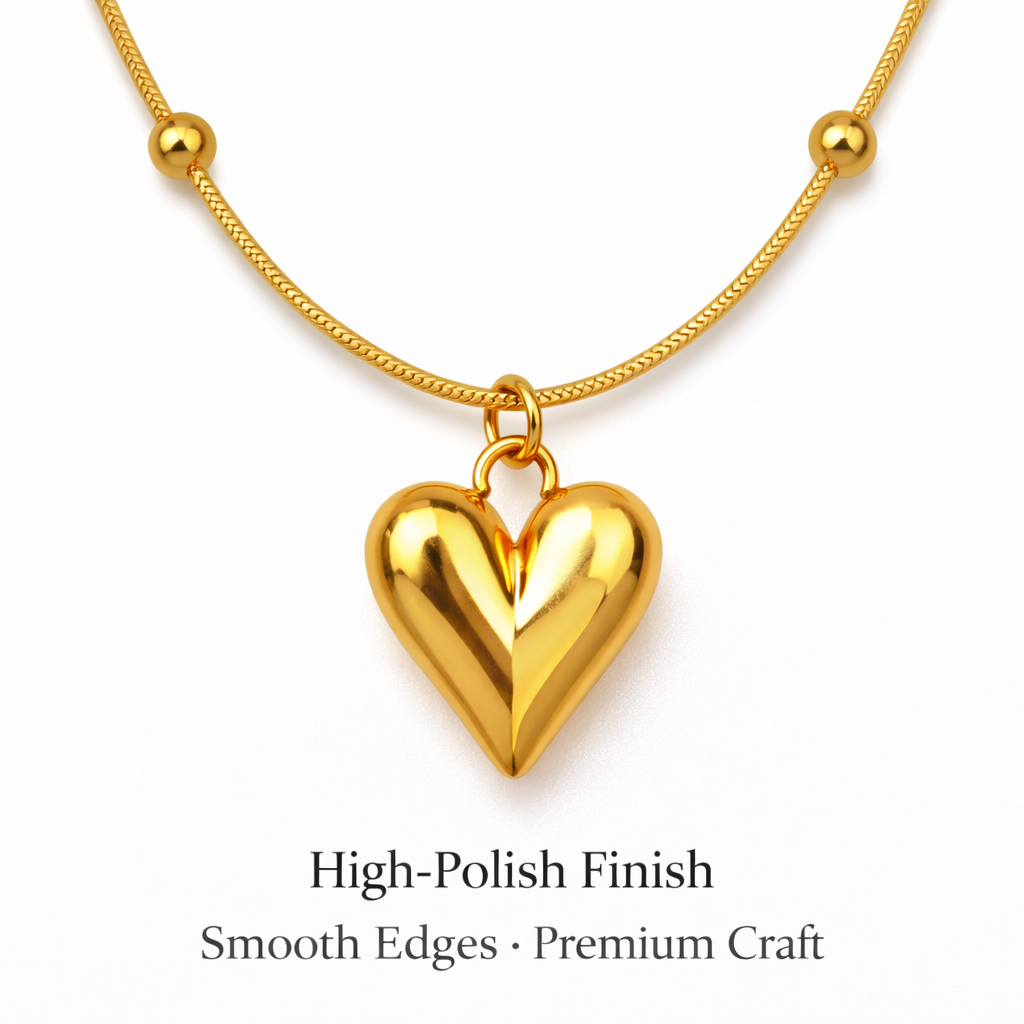 Close up view of gold heart pendant necklace showing polished finish by Cosypick