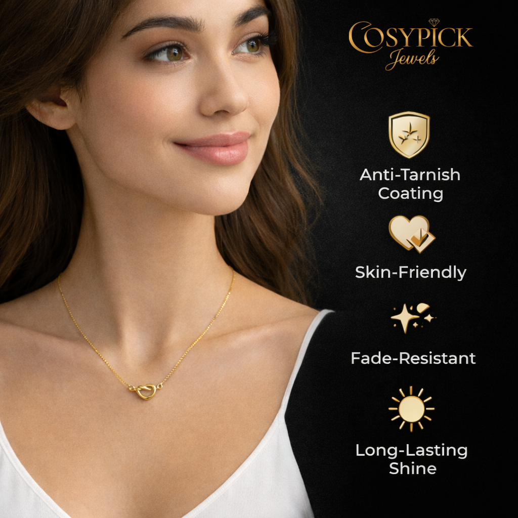 Anti-tarnish knot necklace highlighting waterproof and long-lasting shine features
