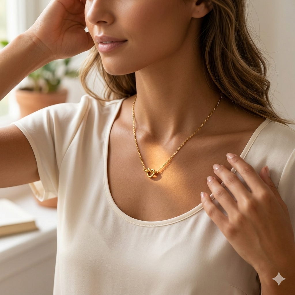 Woman wearing minimal gold knot necklace styled for daily wear look