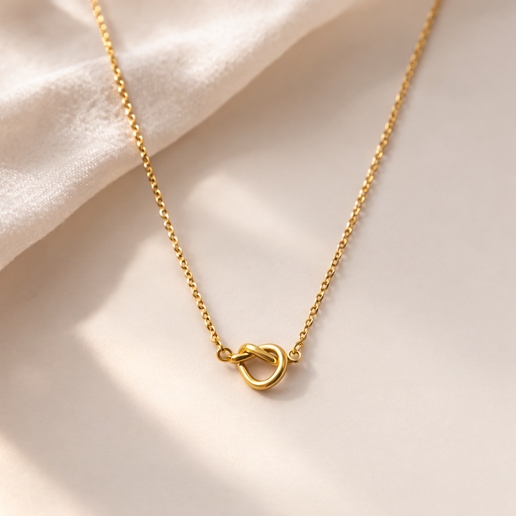 Minimal gold knot necklace flat lay on clean background with elegant styling