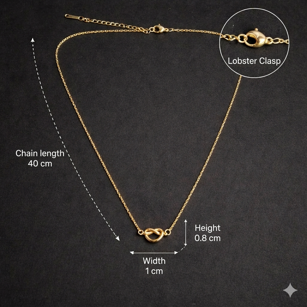 Knot necklace size guide showing chain length and fit on neckline
