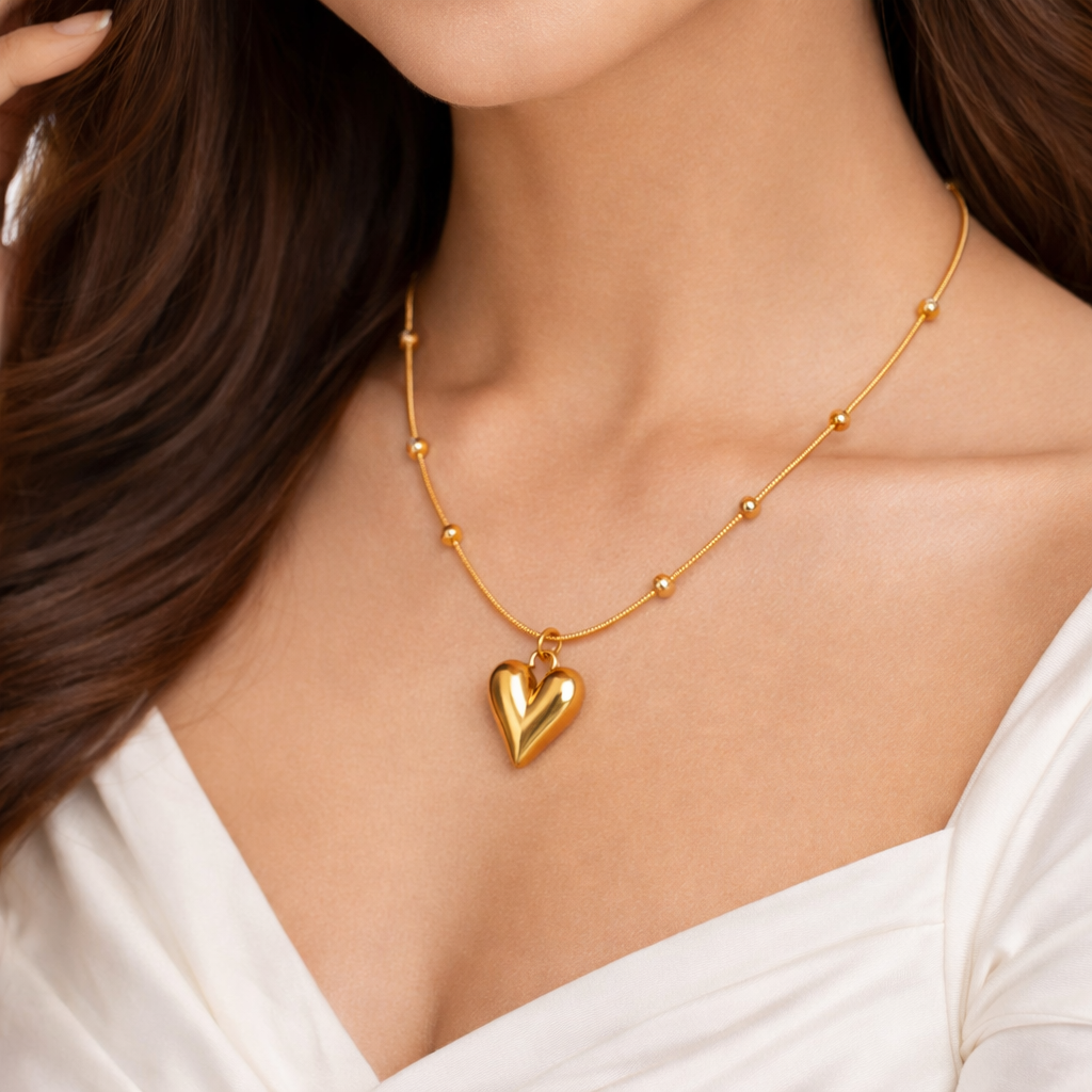 Woman wearing minimal gold heart pendant necklace by Cosypick for everyday styling