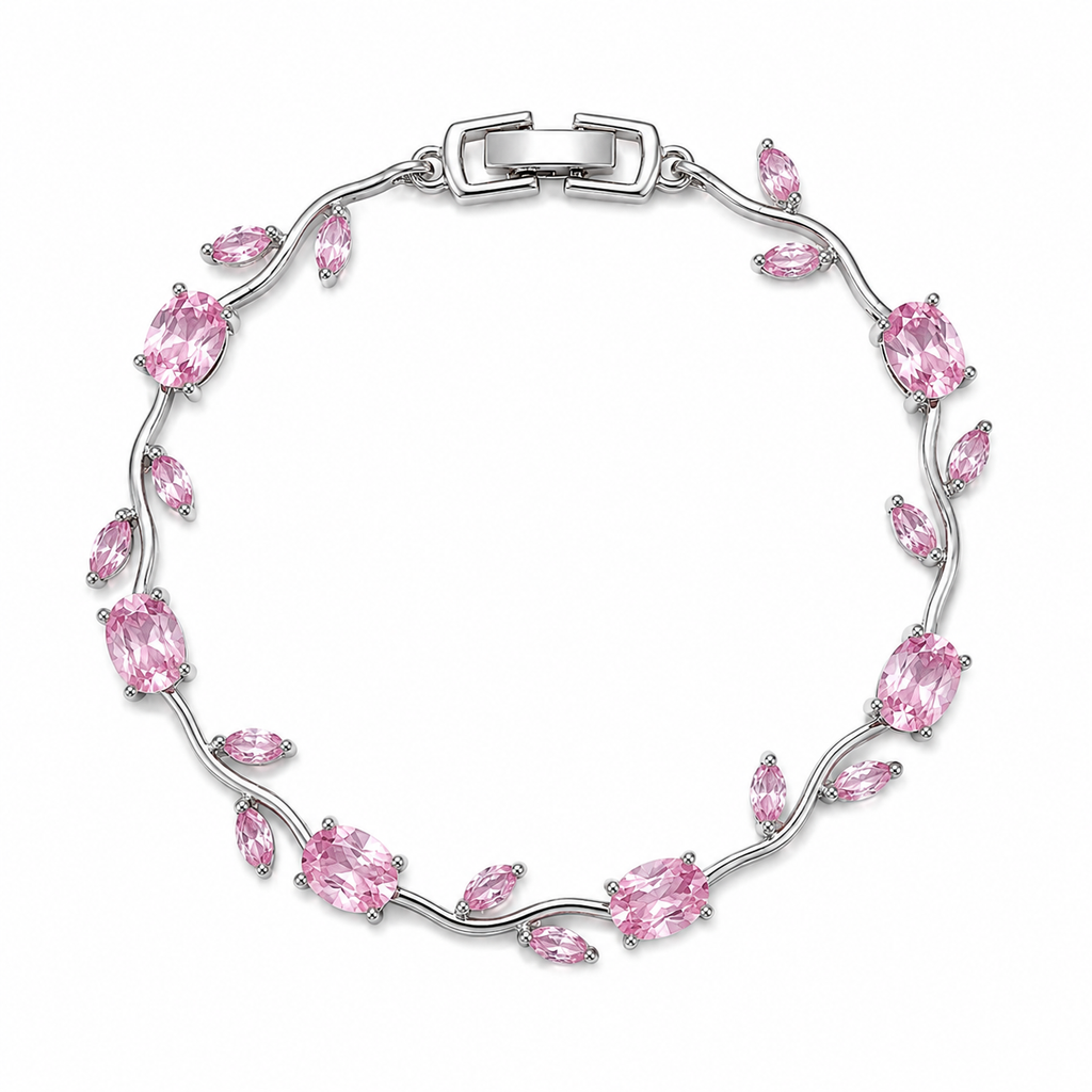 Silver tulip bracelet with pink gemstones on a white background